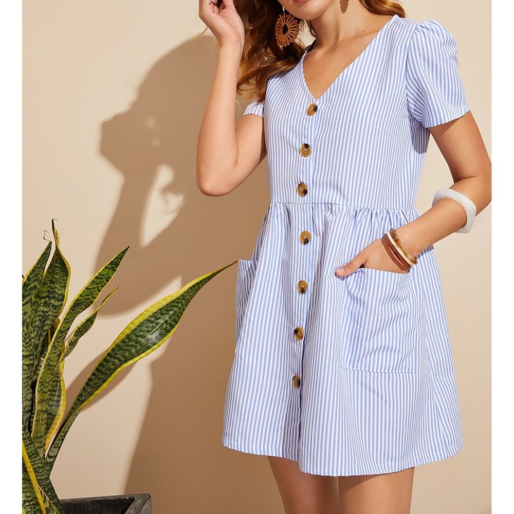 Blue Striped Fit & Flare Button Down Sundress - Picture 4 of 6